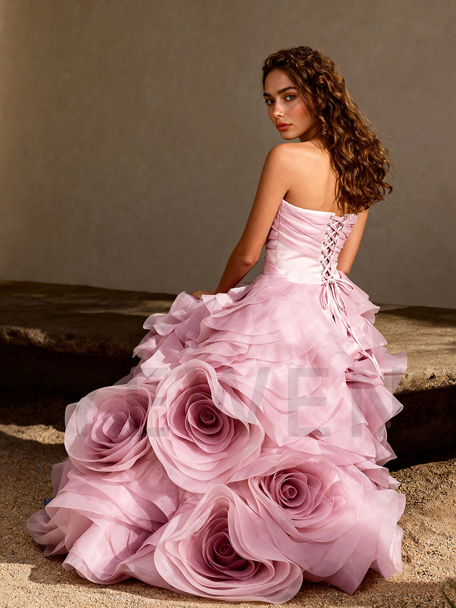 Strapless 3D Hand Rose Evening Dress Elegant Gown for Wedding Guest Party Dress