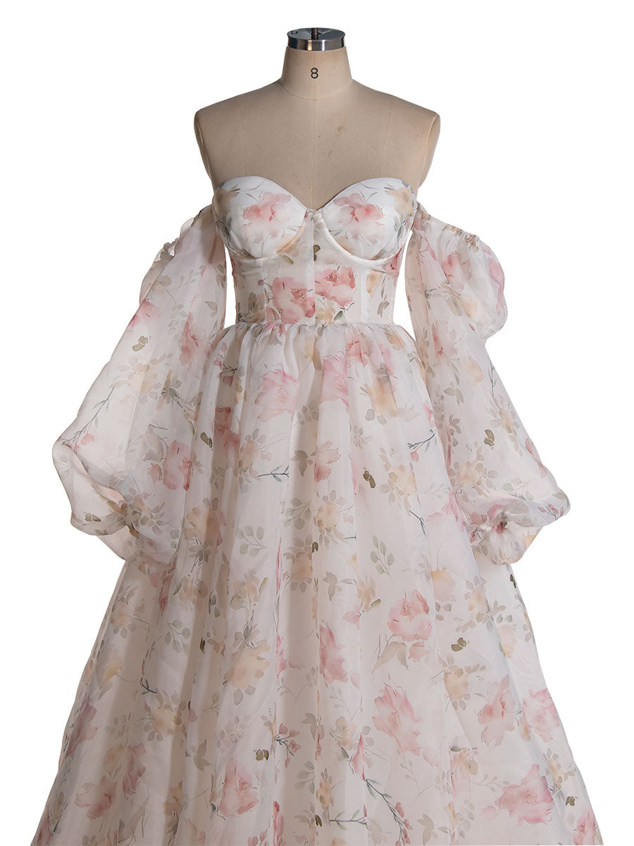 Silk Organza Print Floral Prom Dress Side Slit Photography Photo Shoot Dress Props Lace-Up Back YW230224