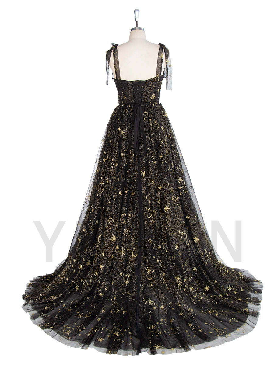 Black Tulle Embroidered Gold Stars Prom Dress High Leg Slit Party Gown W243137