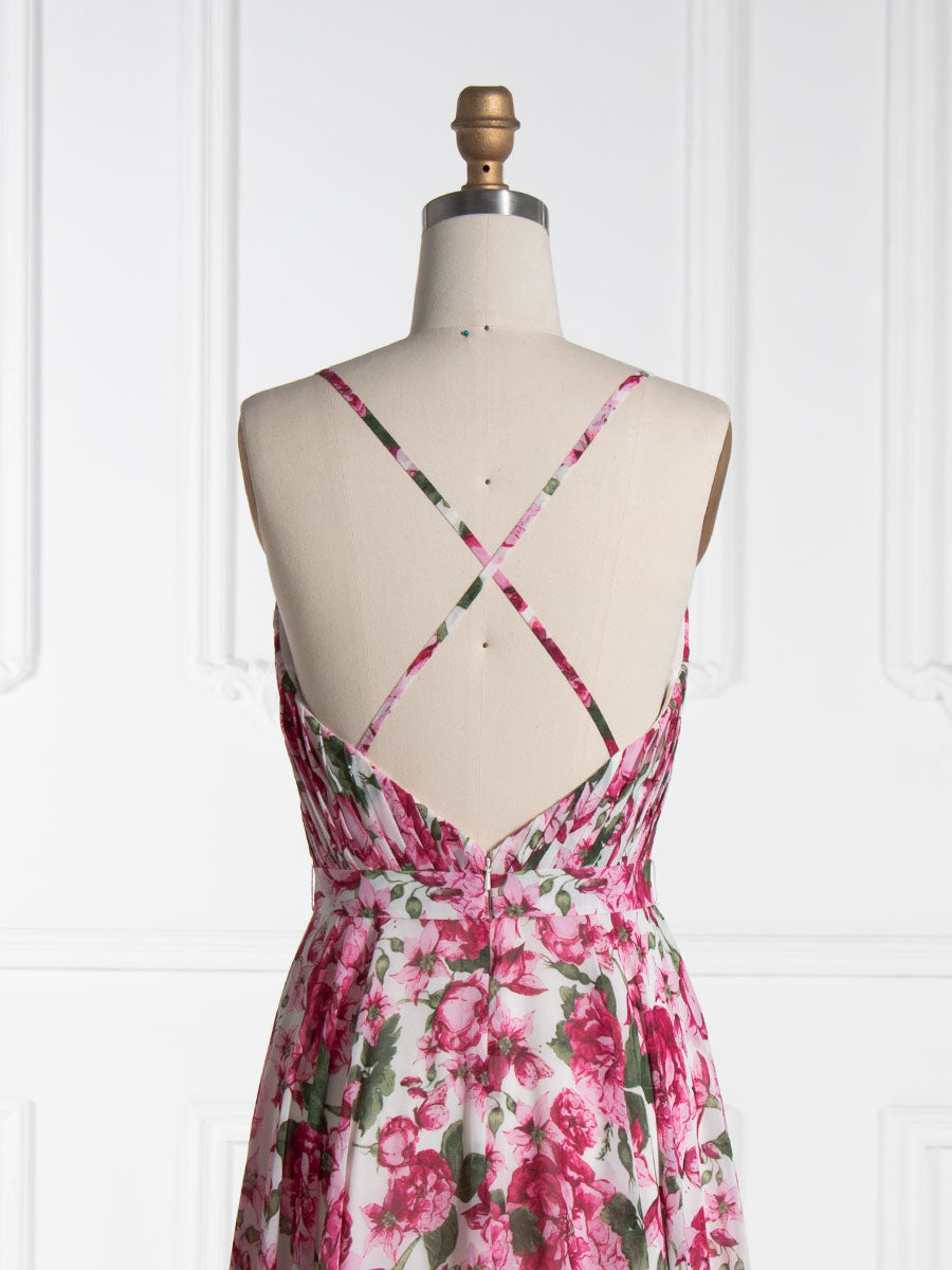 A Line V Neck Printed Prom Dresses Floor Length YE3003