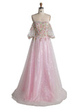 A-line Strapless Floor-Length Pink Sequin Prom Dresses With Embroidery Lace YE3002