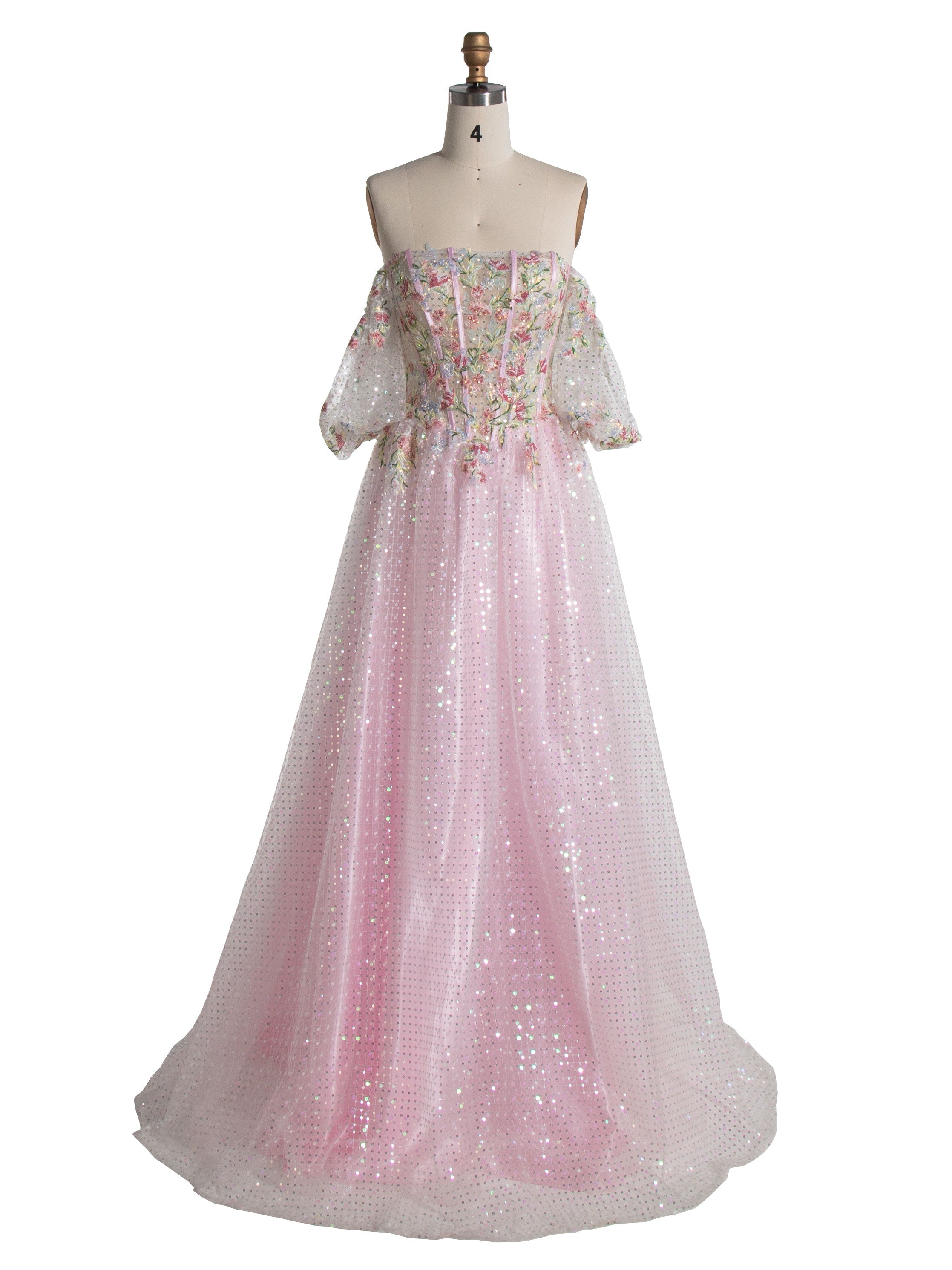 A-line Strapless Floor-Length Pink Sequin Prom Dresses With Embroidery Lace YE3002