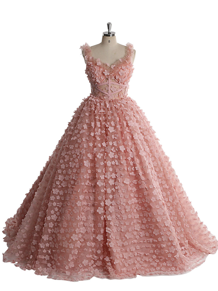 3D Flower Pink Flower Colord Wedding Dress Long Formal Dress Photo Shoot Dress YW221103