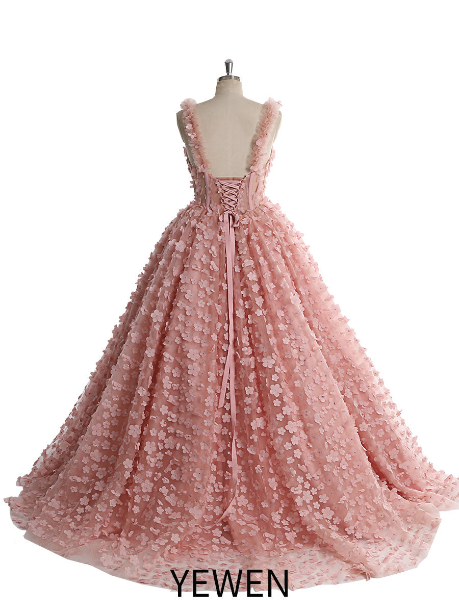3D Flower Pink Flower Colord Wedding Dress Long Formal Dress Photo Shoot Dress YW221103