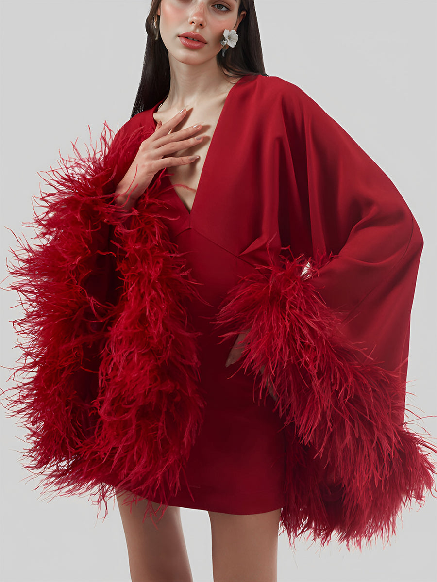 Women Sexy Double Deep V-Neck Long Sleeves With Feathers Mini Dress Gatsby Cocktail Club Party Dresses