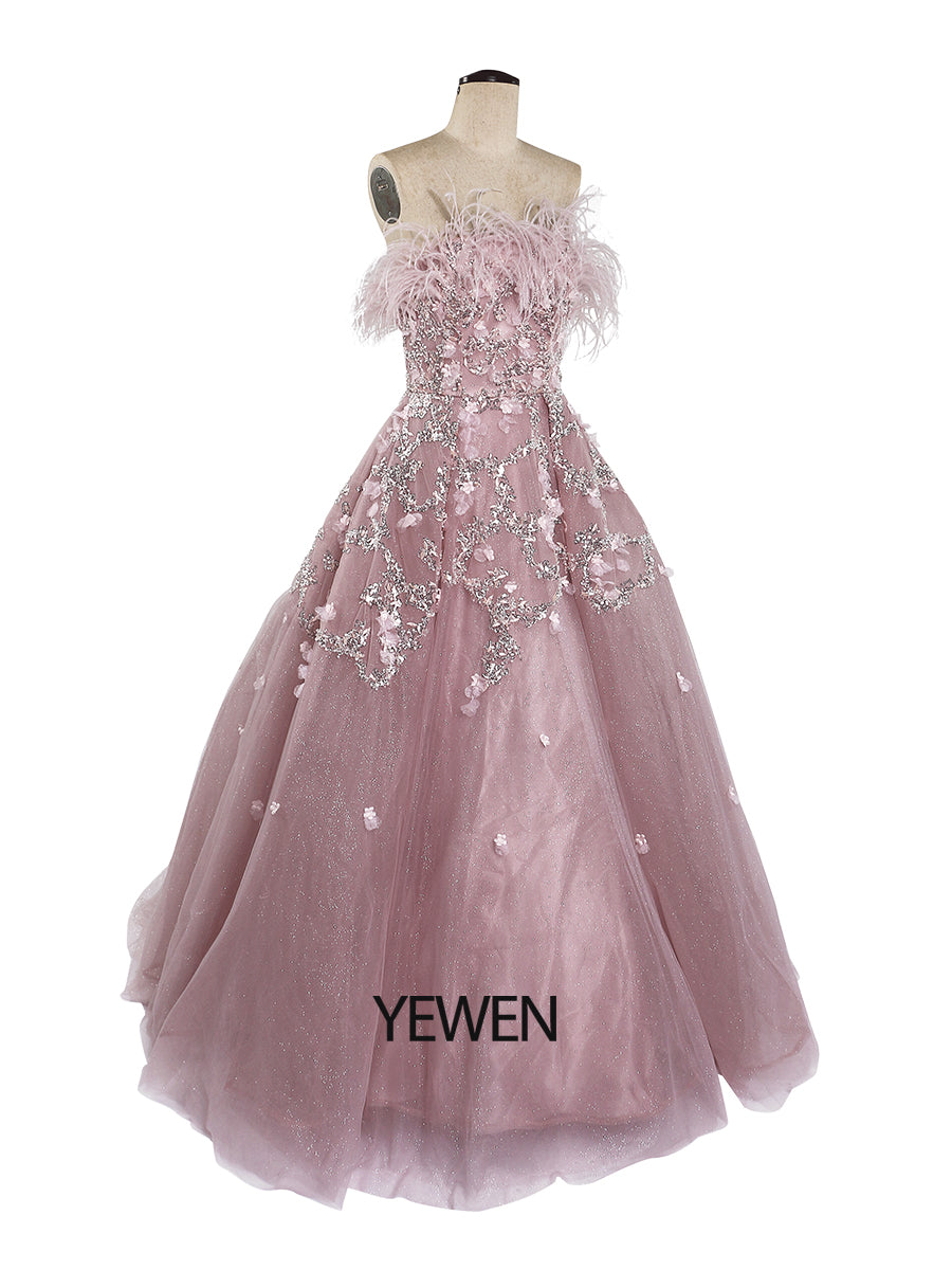 A-Line Strapless Luxury Prom Dresses 2024 Beaded Feather Zipper Back YEWEN