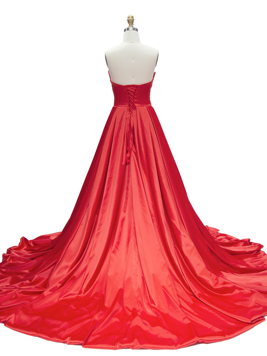 Modern A-Line Off Shoulder Red Satin Ball Gown  Bride Party Gown With Pleats YW240112