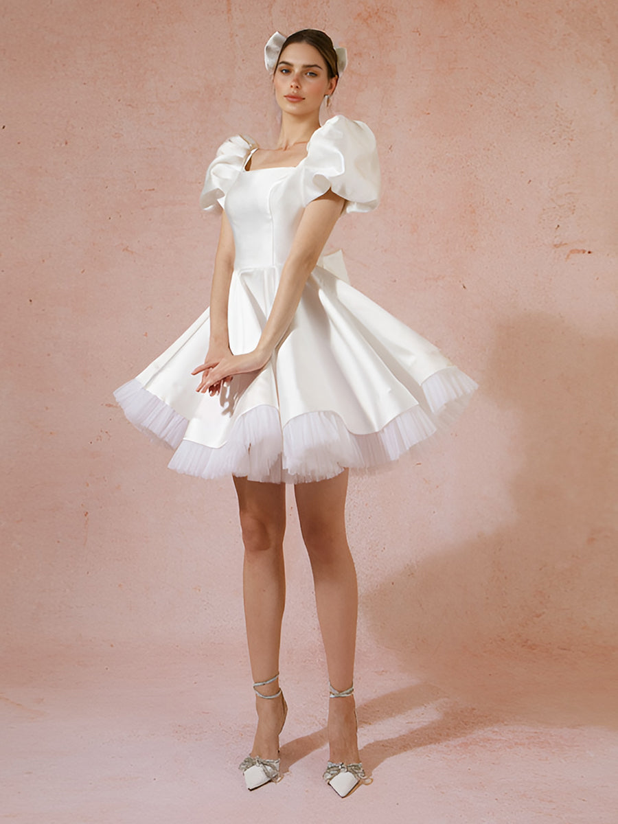 Short Sleeves Satin Cocktail Party Homecoming Dresss Mini Bridesmaid Gowns with Bow