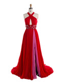 A line Backless Halter-Neck Red Pleated Long Prom Dress YE3020