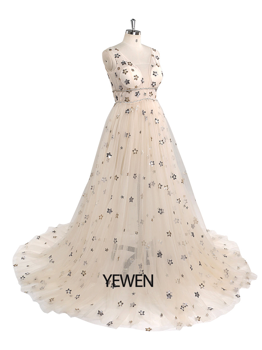 Tulle Prom Dress Champagne Star V-Neck Photography Gown