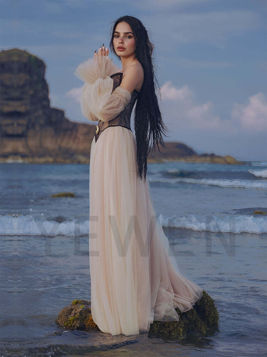 A Line Ball Gown Corset Waist Mesh Lace Floor Length Dress Photoshoot Dress YW250062