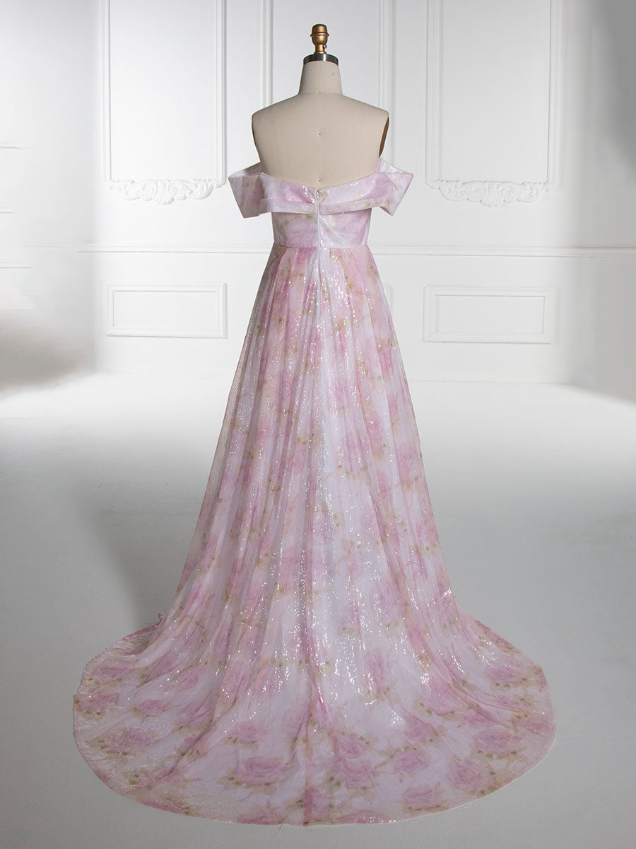A-line Elegant Off Shoulder Pink Printed Prom Dress YE3019