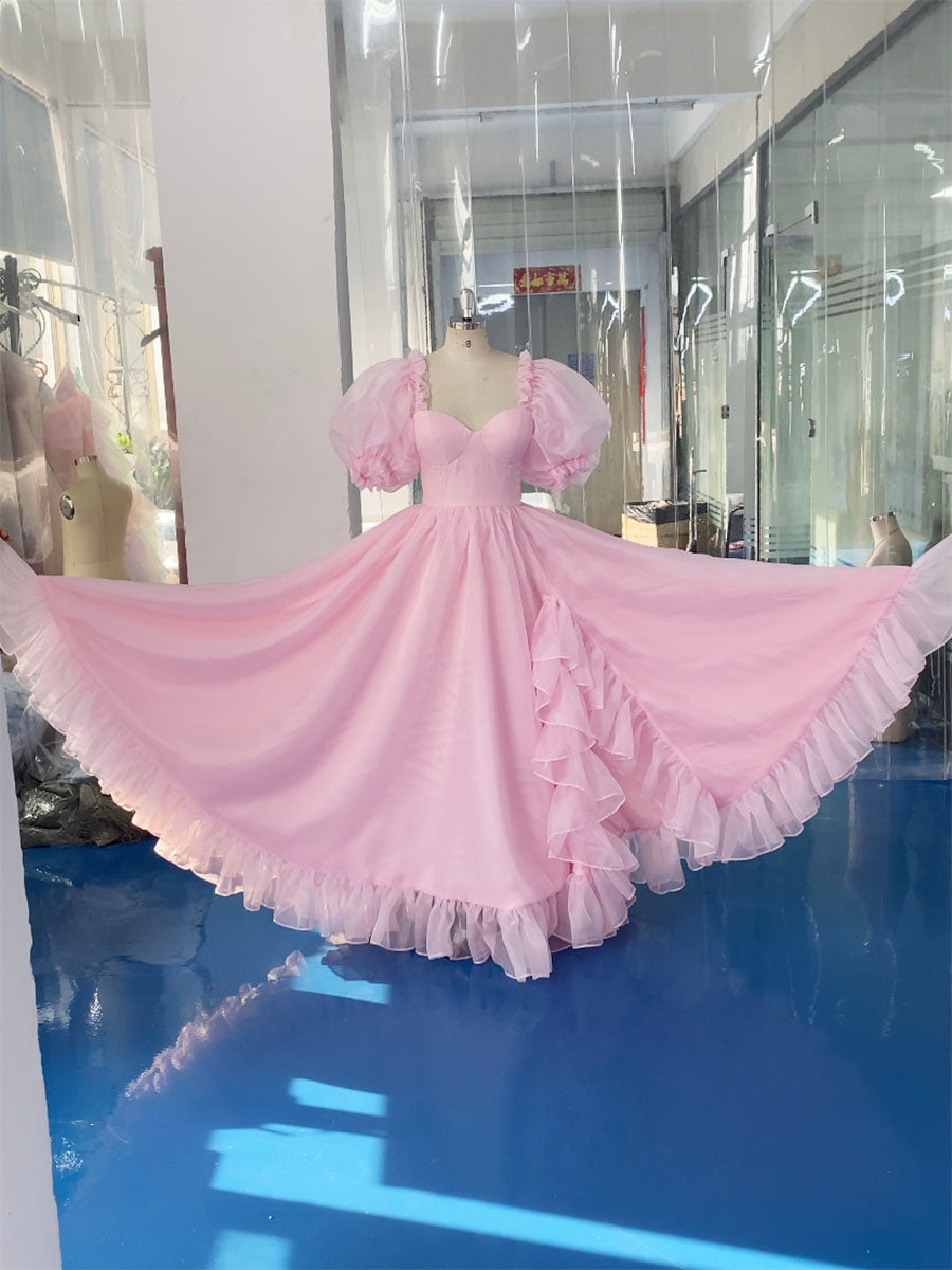 Silk Soft Organza Puff Sleeve Pink Prom Dress Fancy Photo Shoots Dress Lace-Up Back YW231019