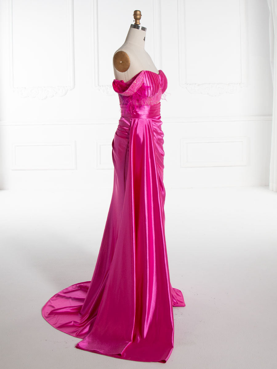 Trumpet/Mermaid Off Shoulder High Leg Slit Satin Prom Dresses YE3014