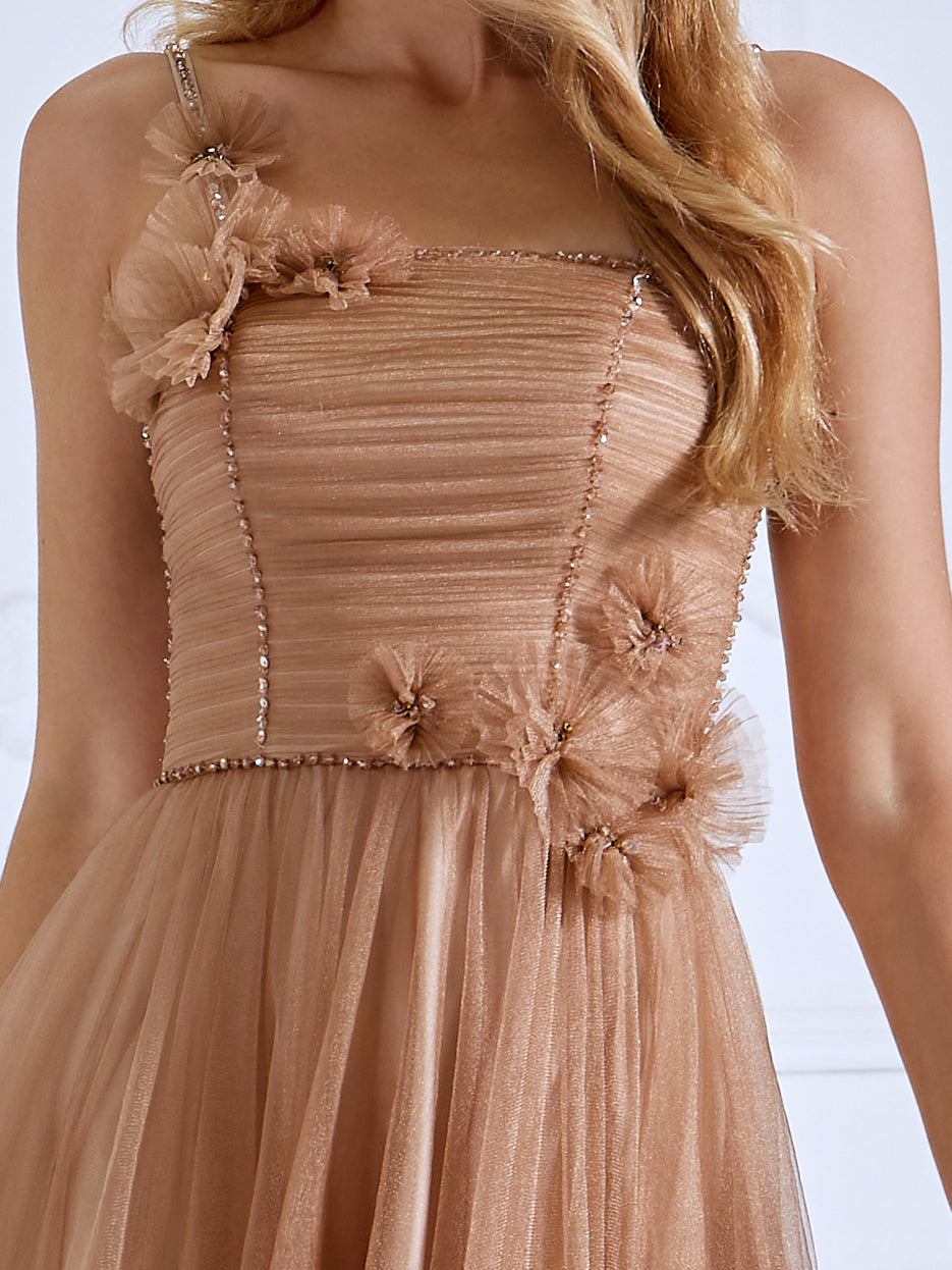 Spaghetti Strap Glitter Mesh Ankle Length Prom Ball Gown #0325