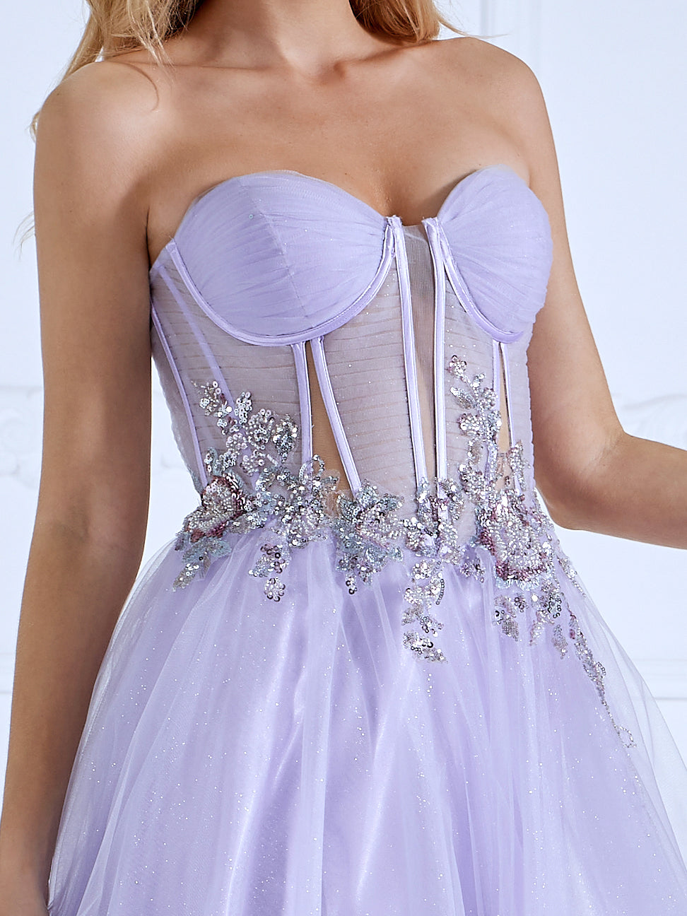 A-line Off the Shoulder Floor-Length Light Purple Prom Dresses With Sequins Beads  #18465