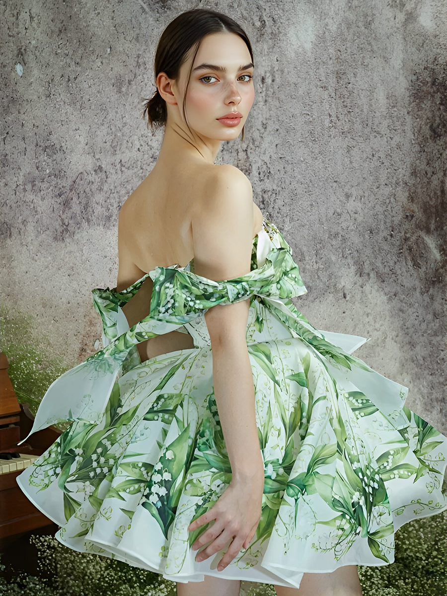 Green Floral Printed Midi Prom Dress Cocktail Party Homecoming Dresss