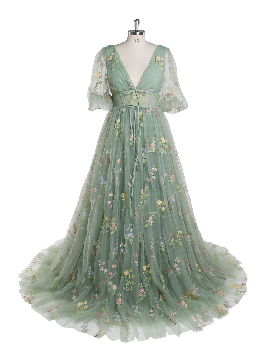 V-Neck Embroidery Tulle Pastoral Colored Wedding Dresses Occasion Dress YEWEN YW220324