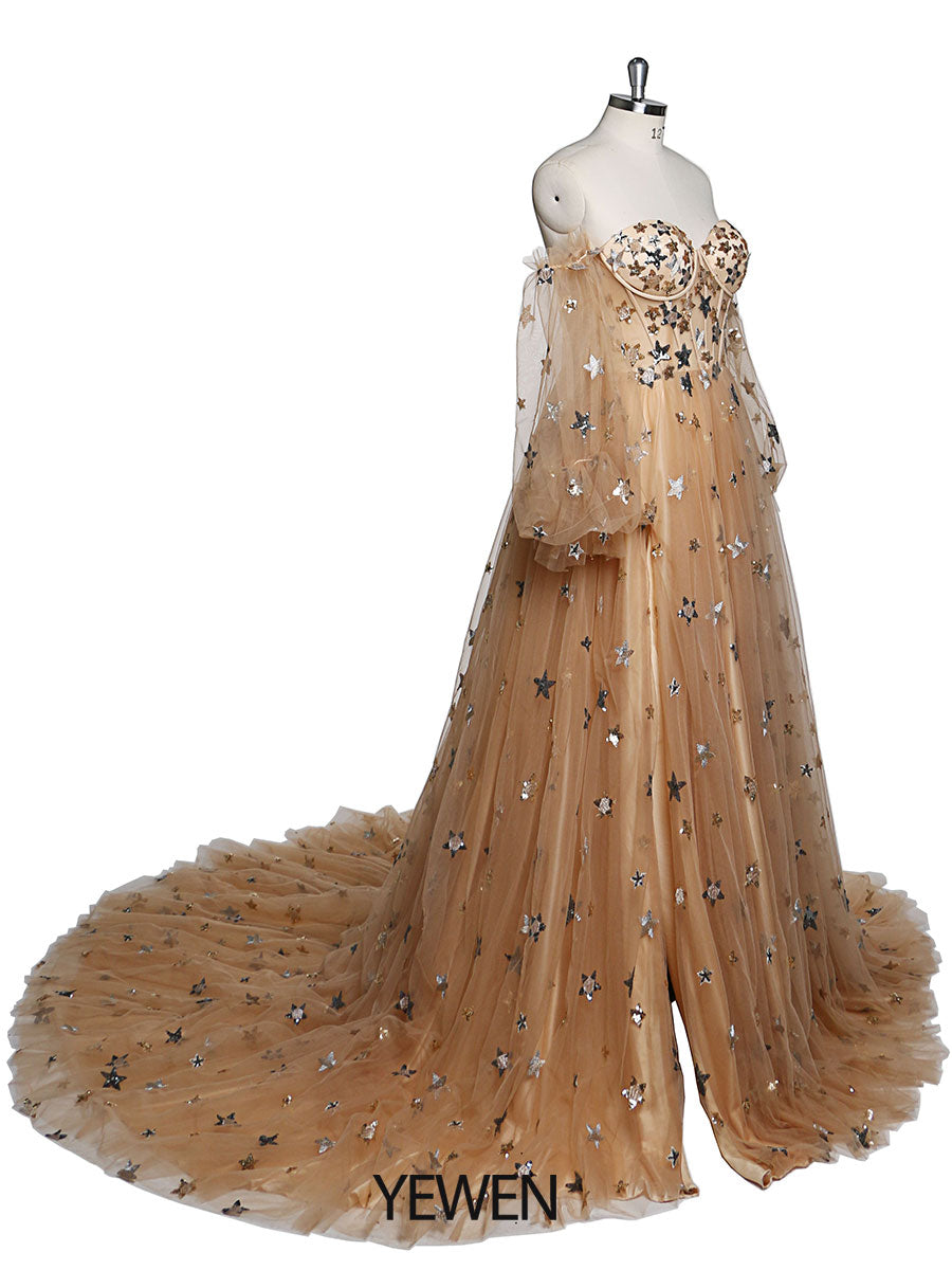 Sparkle Stars Evening Dress Long Detachable Sleeves Formal Party Dress Photo Shoot Dress Plus Size YW220311