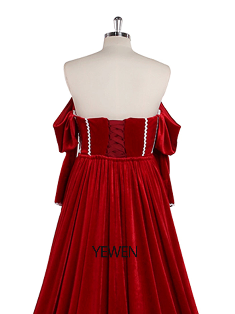 Long Sleeve Off Shoulder Red Velvet Mermaid Prom Dress Side Slit Photo Shoot Dress YW230747