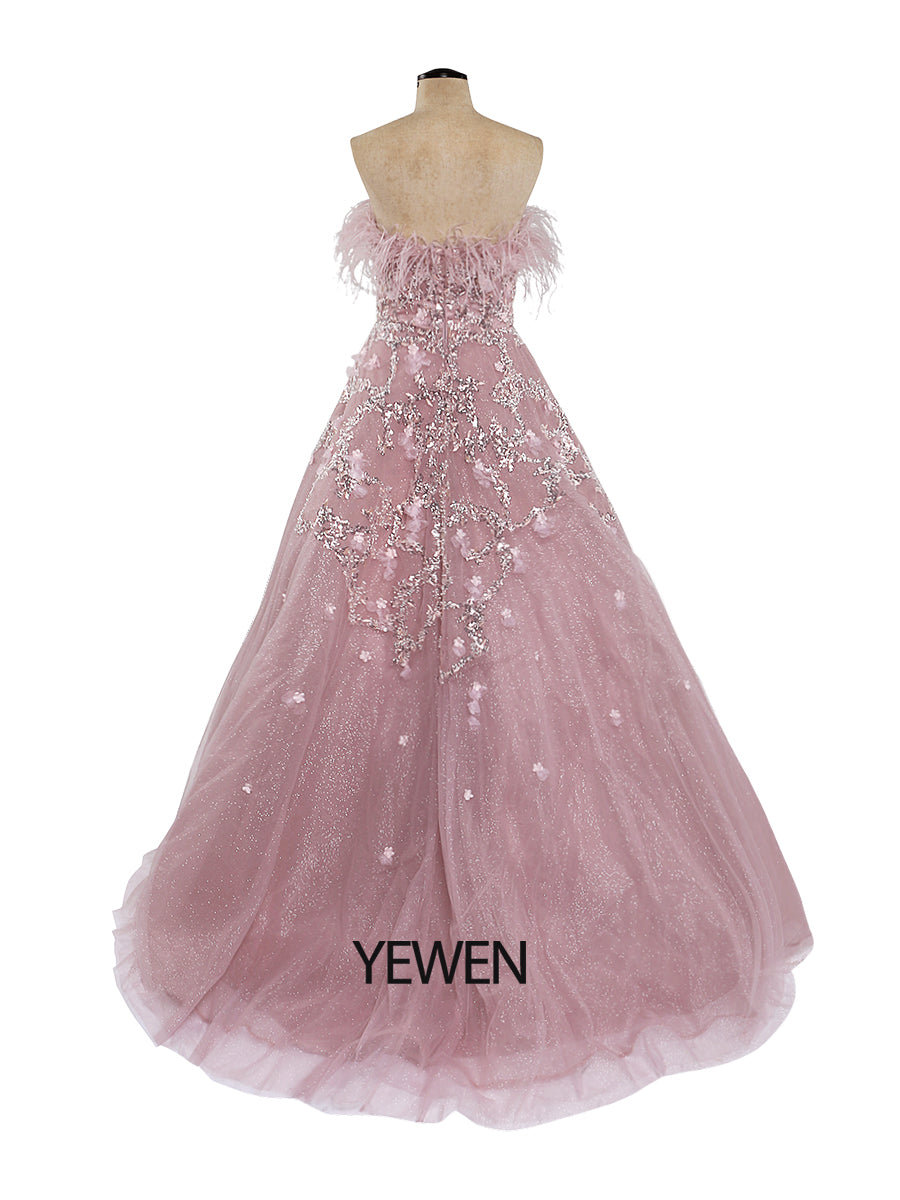 A-Line Strapless Luxury Prom Dresses 2024 Beaded Feather Zipper Back YEWEN