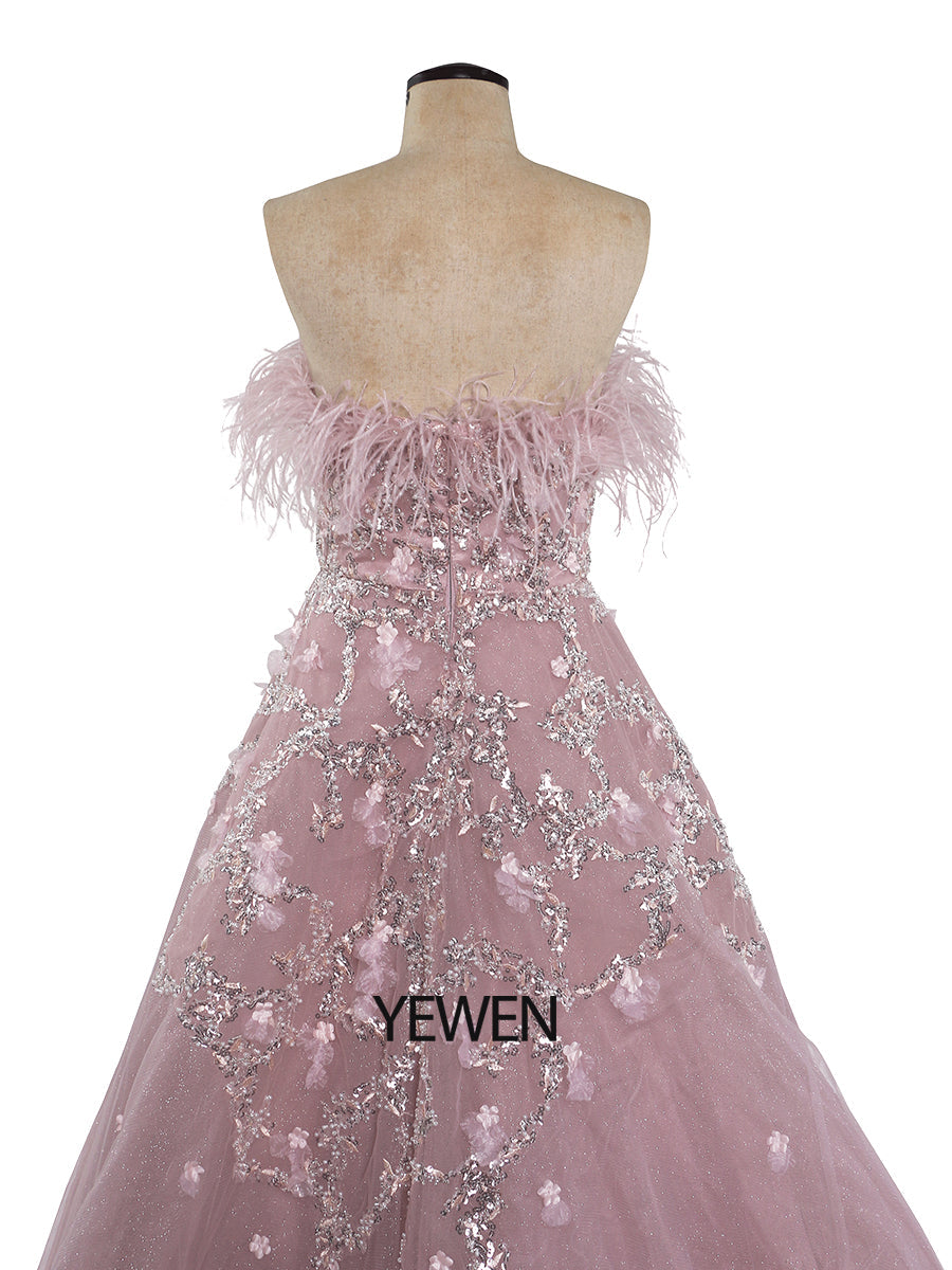 A-Line Strapless Luxury Prom Dresses 2024 Beaded Feather Zipper Back YEWEN