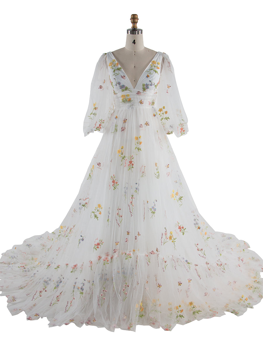 60cm Train Long Puffy Sleeve Embroidered Floral Wedding Dress Photoshoot Dress YEWEN YW231050-1