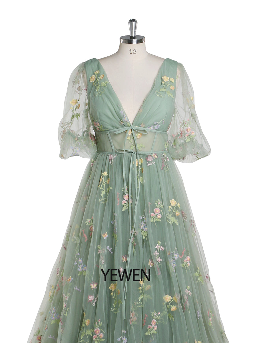 V-Neck Embroidery Tulle Pastoral Colored Wedding Dresses Occasion Dress YEWEN YW220324