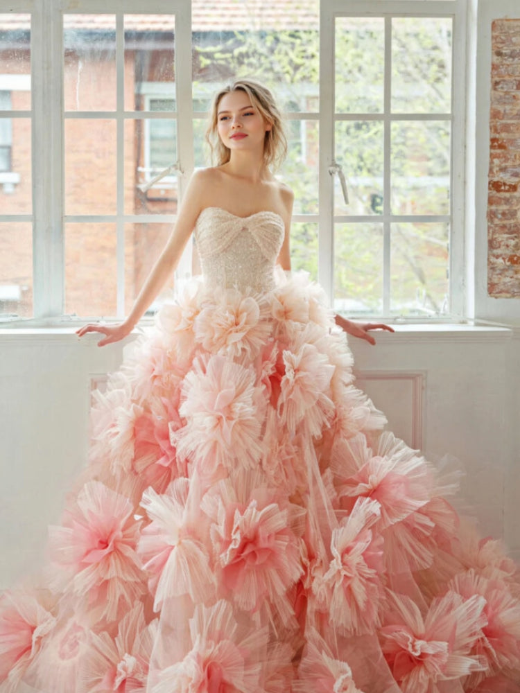 Stylish Big Handmade Flowers Colorful Puffy Bridal Wedding Dress Chic Photo Shooting Gown