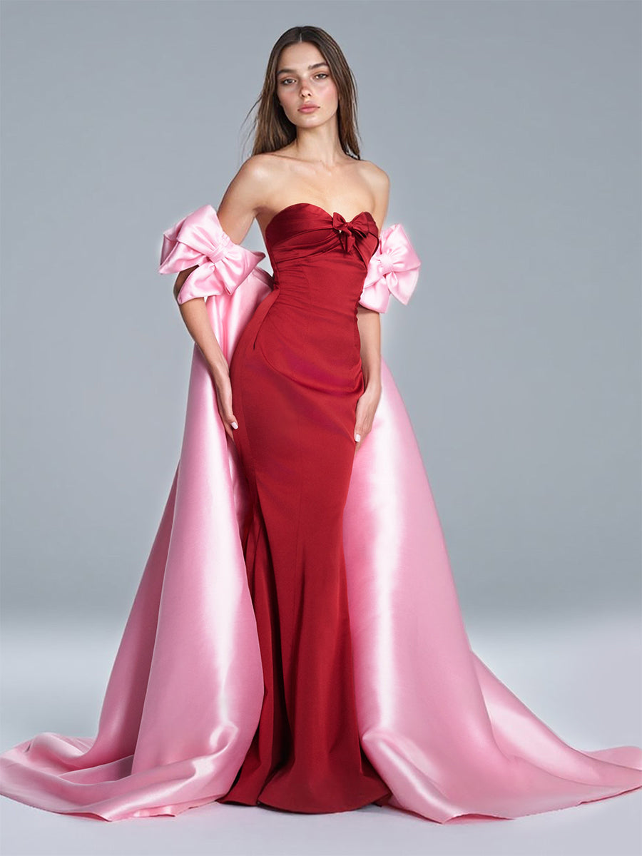 Elegant Satin Pink Cape With Red Bow Off Shoulder Prom Dresses uk LT003