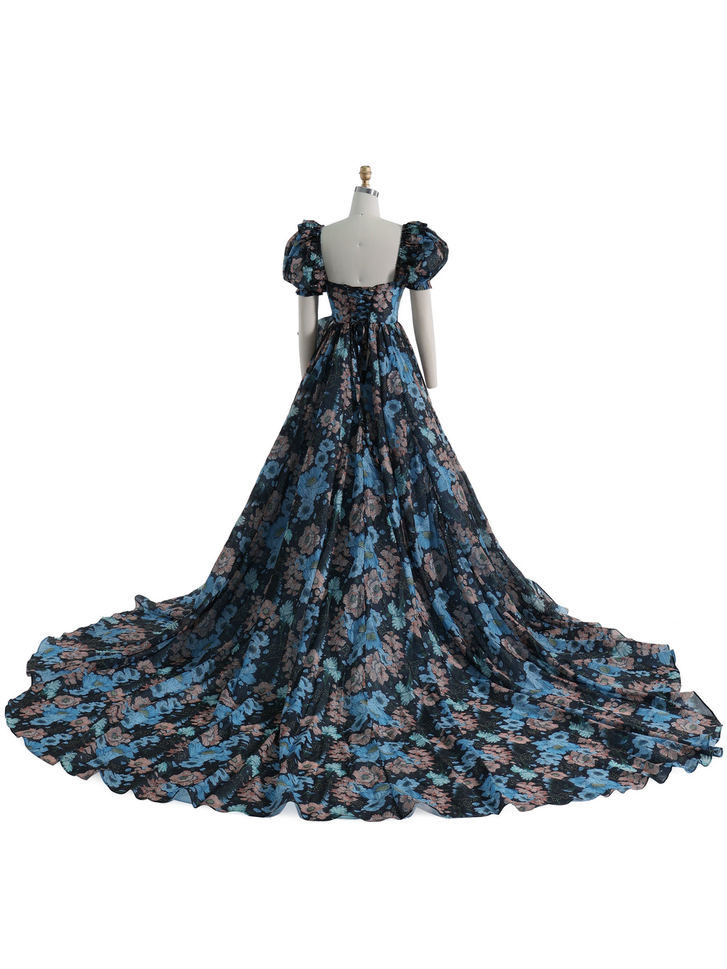 Silk Soft Organza Print Floral Prom Dress Long Train Fancy Photo Shoots Gown Maxi Dress YW231144