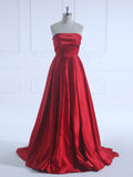 A Line Square Floor-Length Silky Red Satin Prom Dresses #LT3734