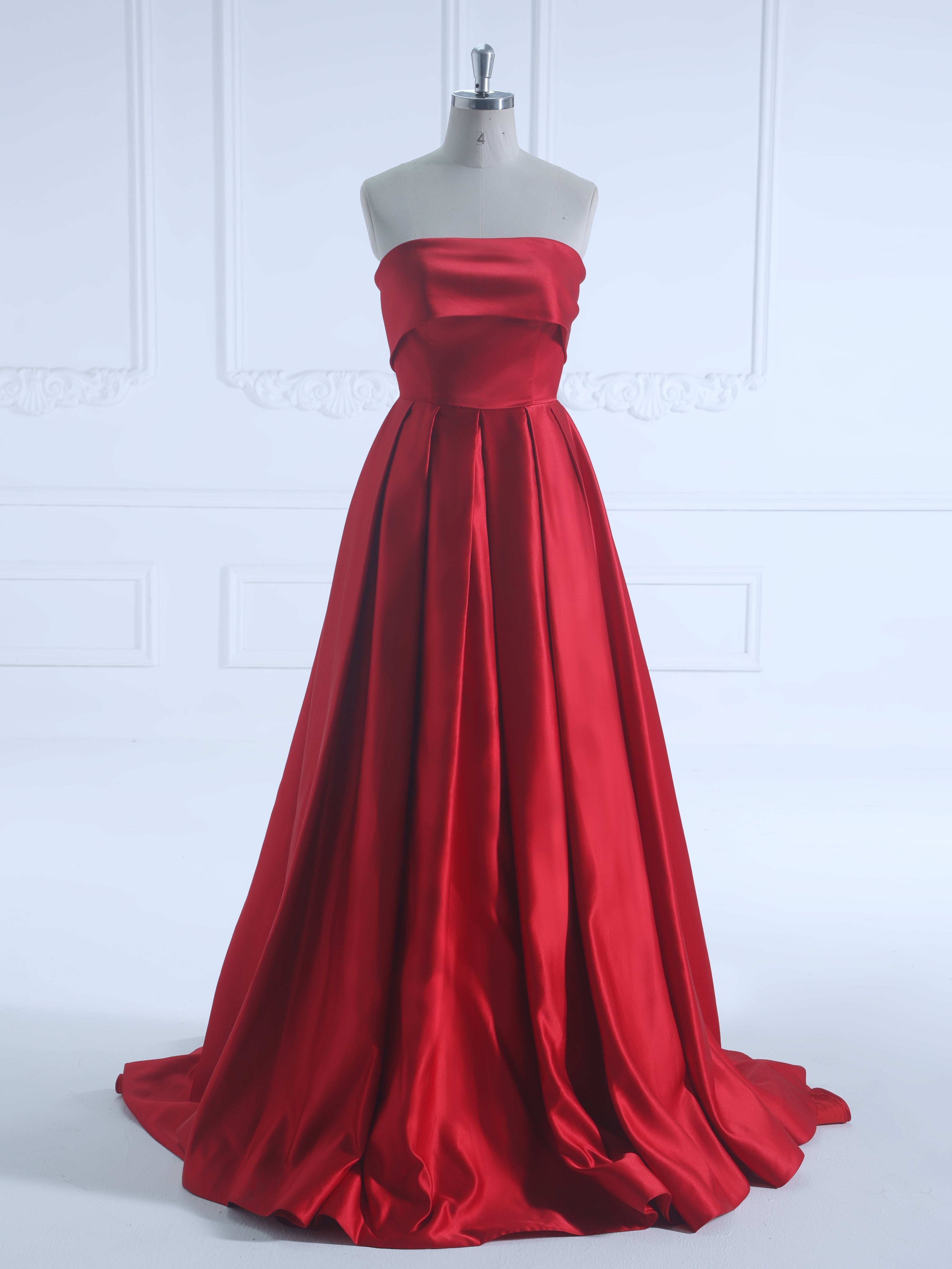 A Line Square Floor-Length Silky Red Satin Prom Dresses #LT3734
