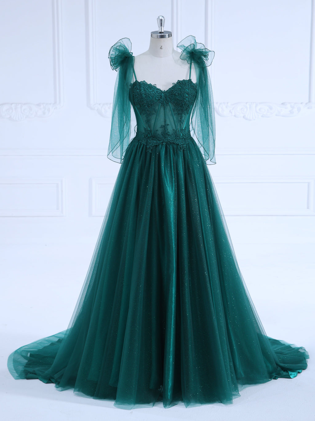 A Line Sweetheart Sweep Train Green Evening Dresses Photo Shoot Gown #0406