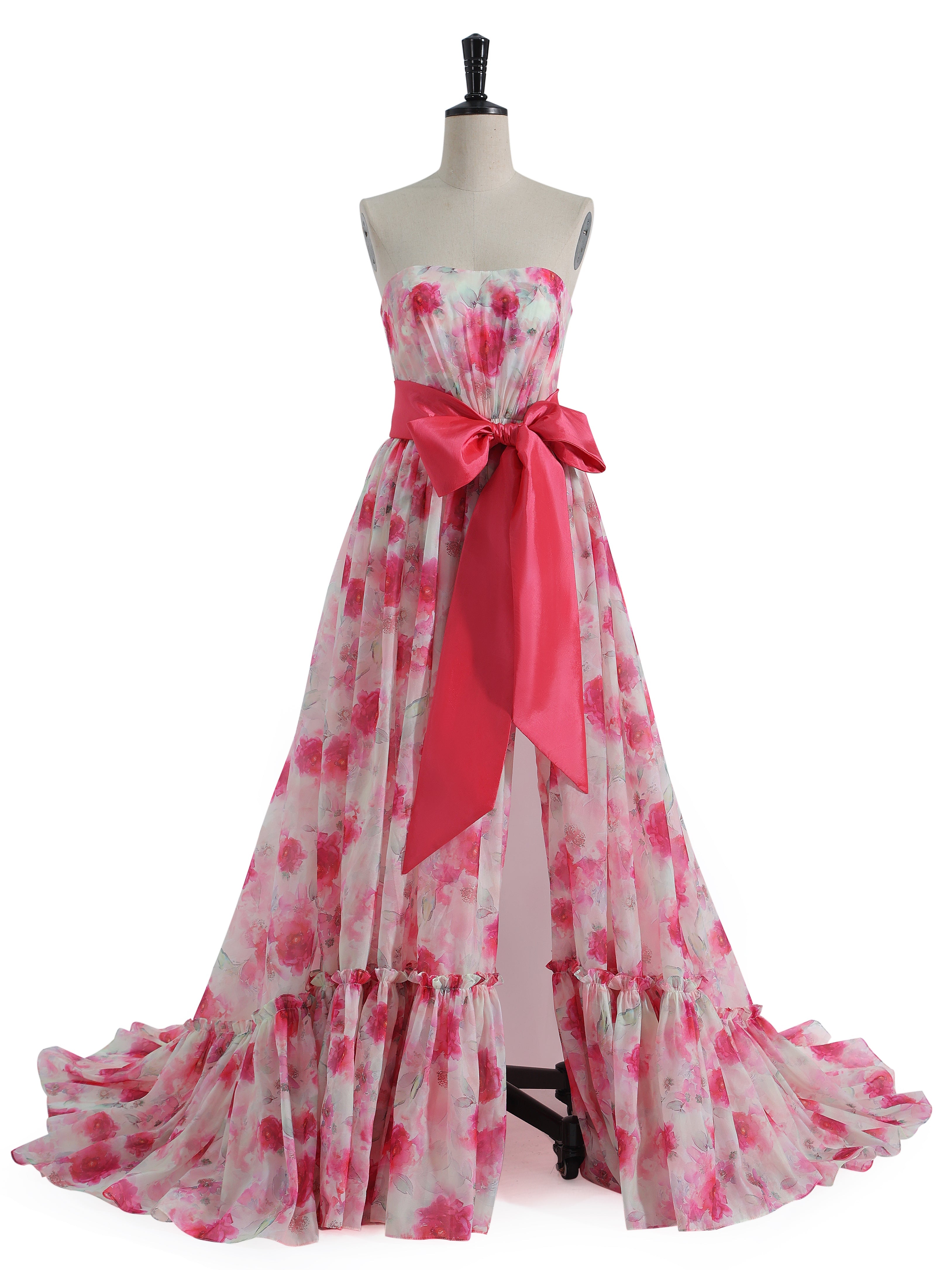 Strapless Floor Length Pink Printing Organza Prom Dresses with Bow Belt YE2534