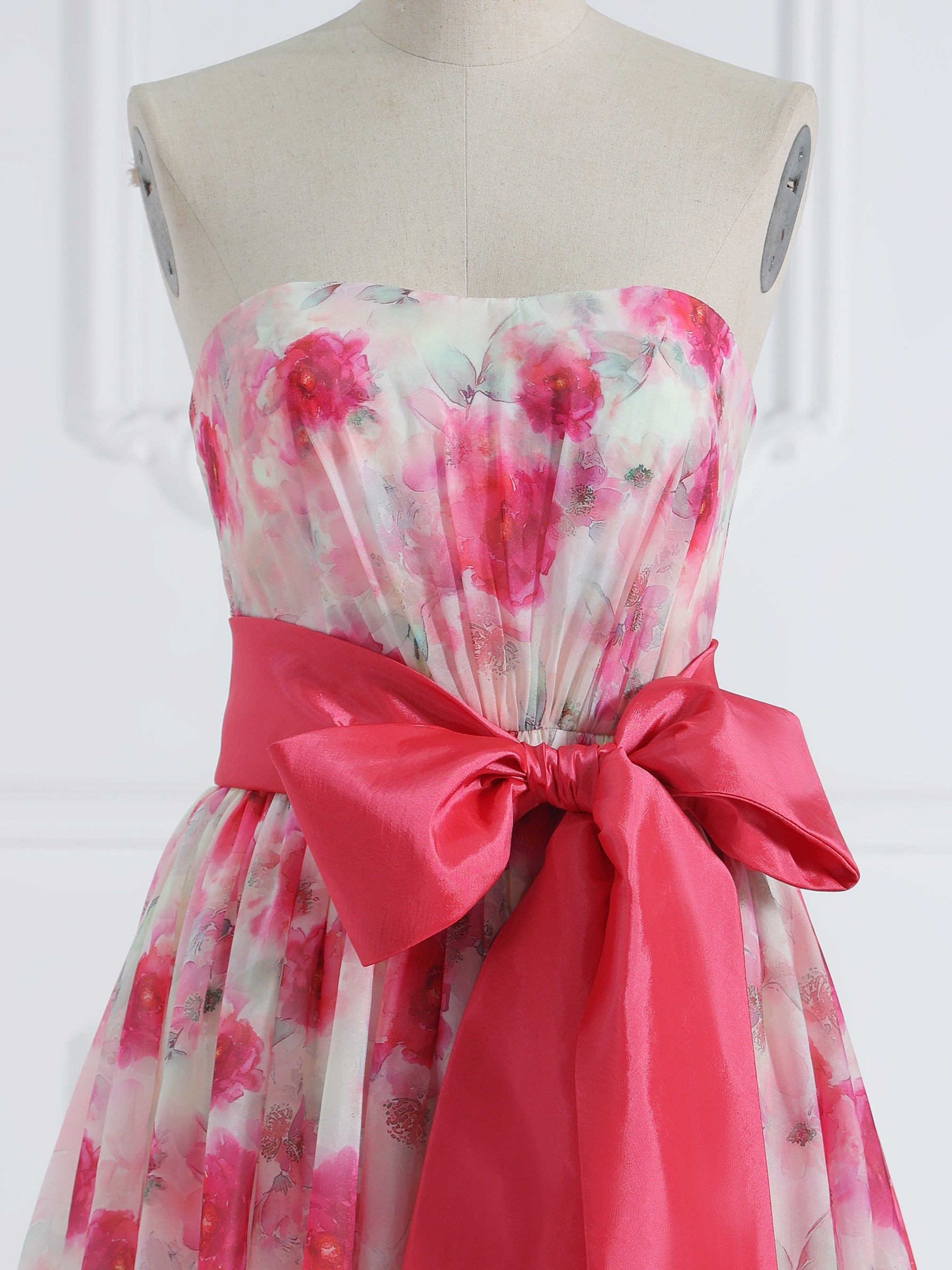 Strapless Floor Length Pink Printing Organza Prom Dresses with Bow Belt YE2534