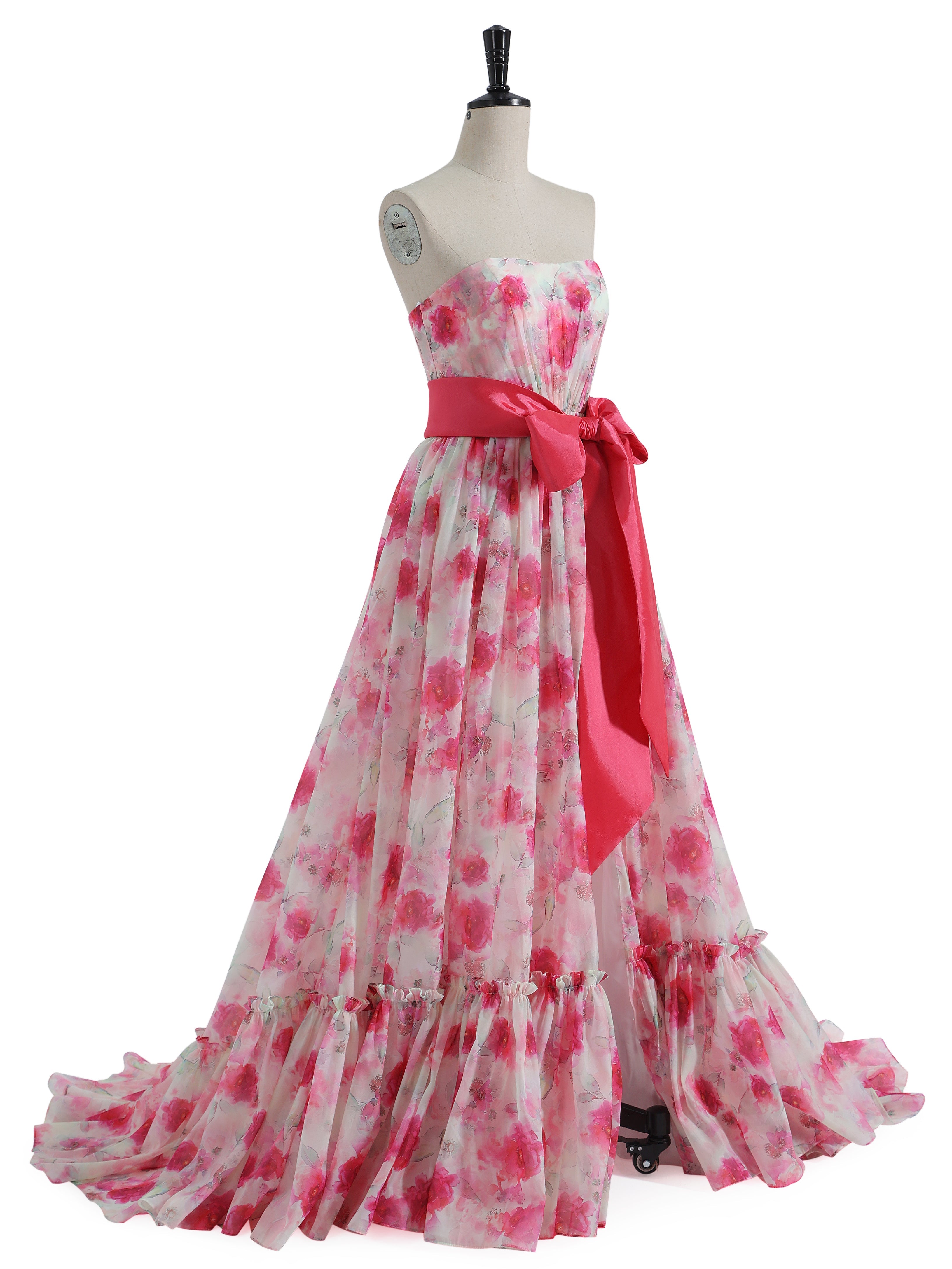 Strapless Floor Length Pink Printing Organza Prom Dresses with Bow Belt YE2534