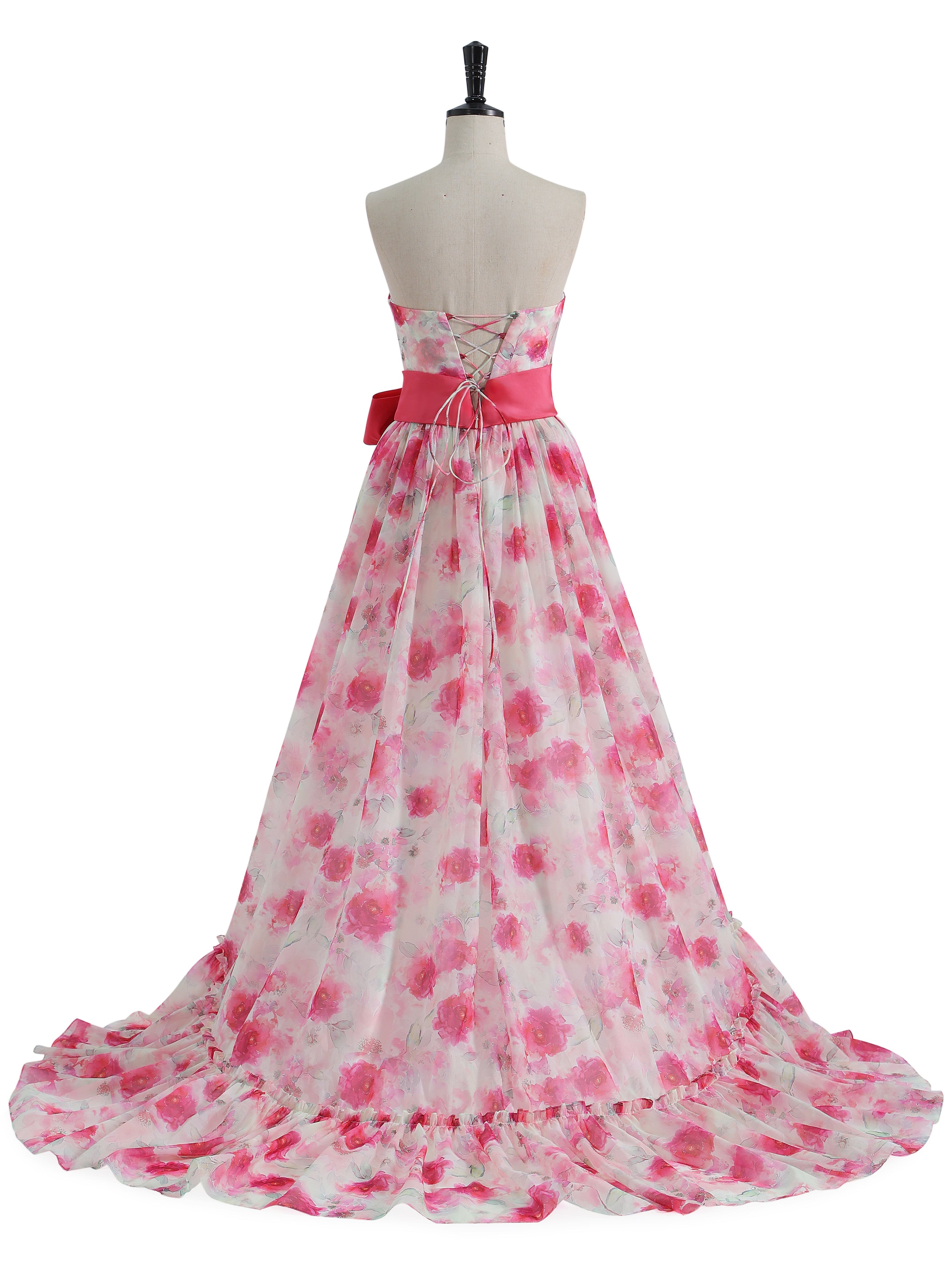 Strapless Floor Length Pink Printing Organza Prom Dresses with Bow Belt YE2534