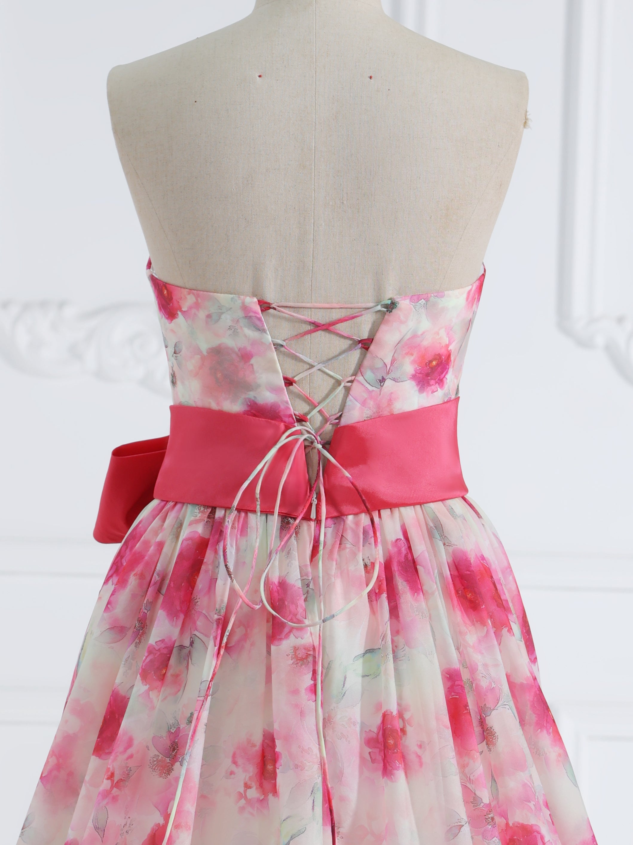 Strapless Floor Length Pink Printing Organza Prom Dresses with Bow Belt YE2534