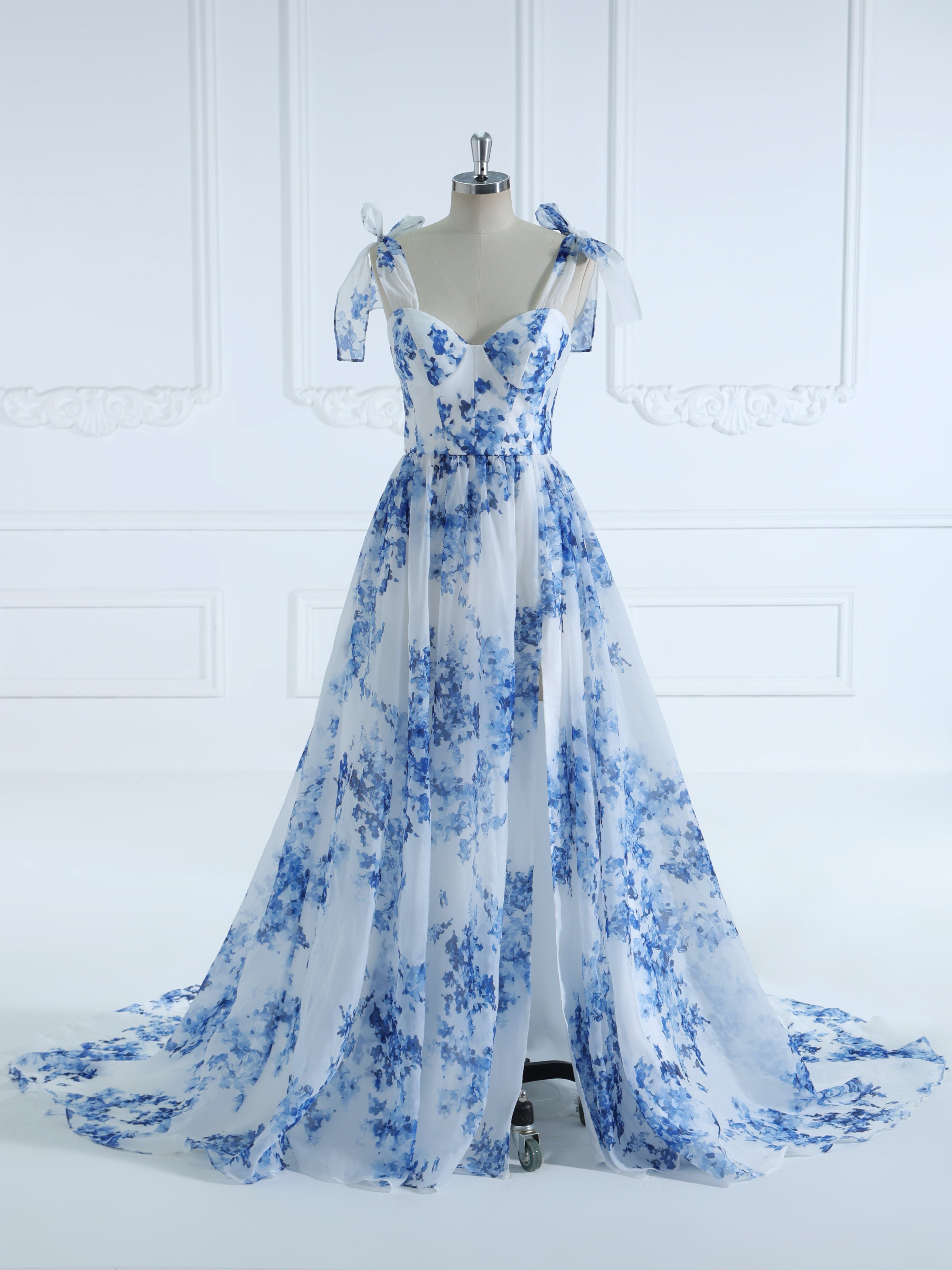 A-line Sweetheart SweepTrain Blue Printing Organza Prom Dresses #3050