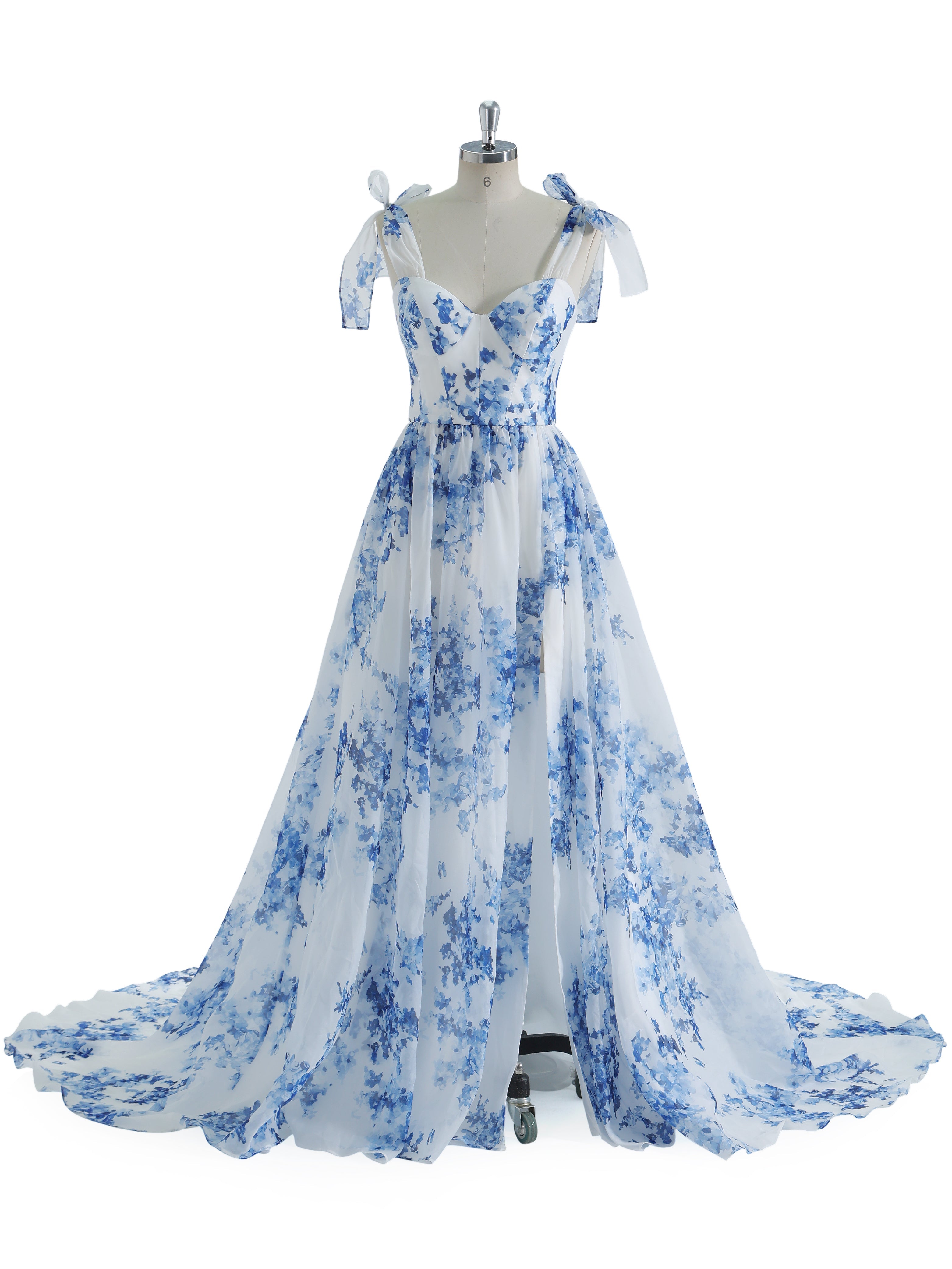 A-line Sweetheart SweepTrain Blue Printing Organza Prom Dresses #3050
