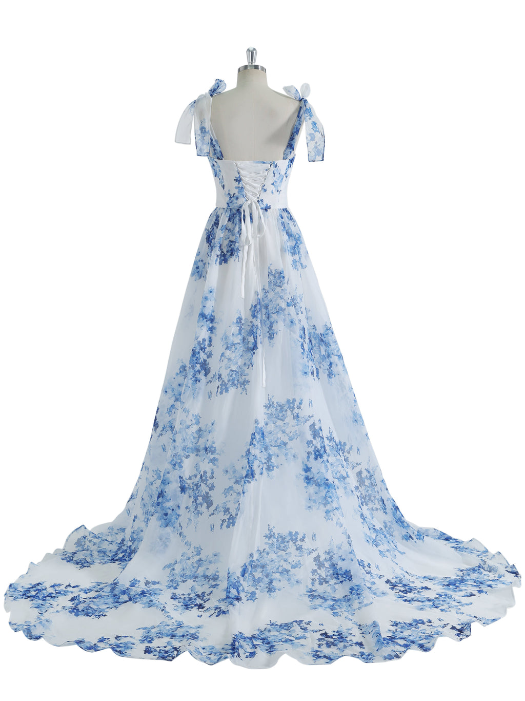 A-line Sweetheart SweepTrain Blue Printing Organza Prom Dresses #3050