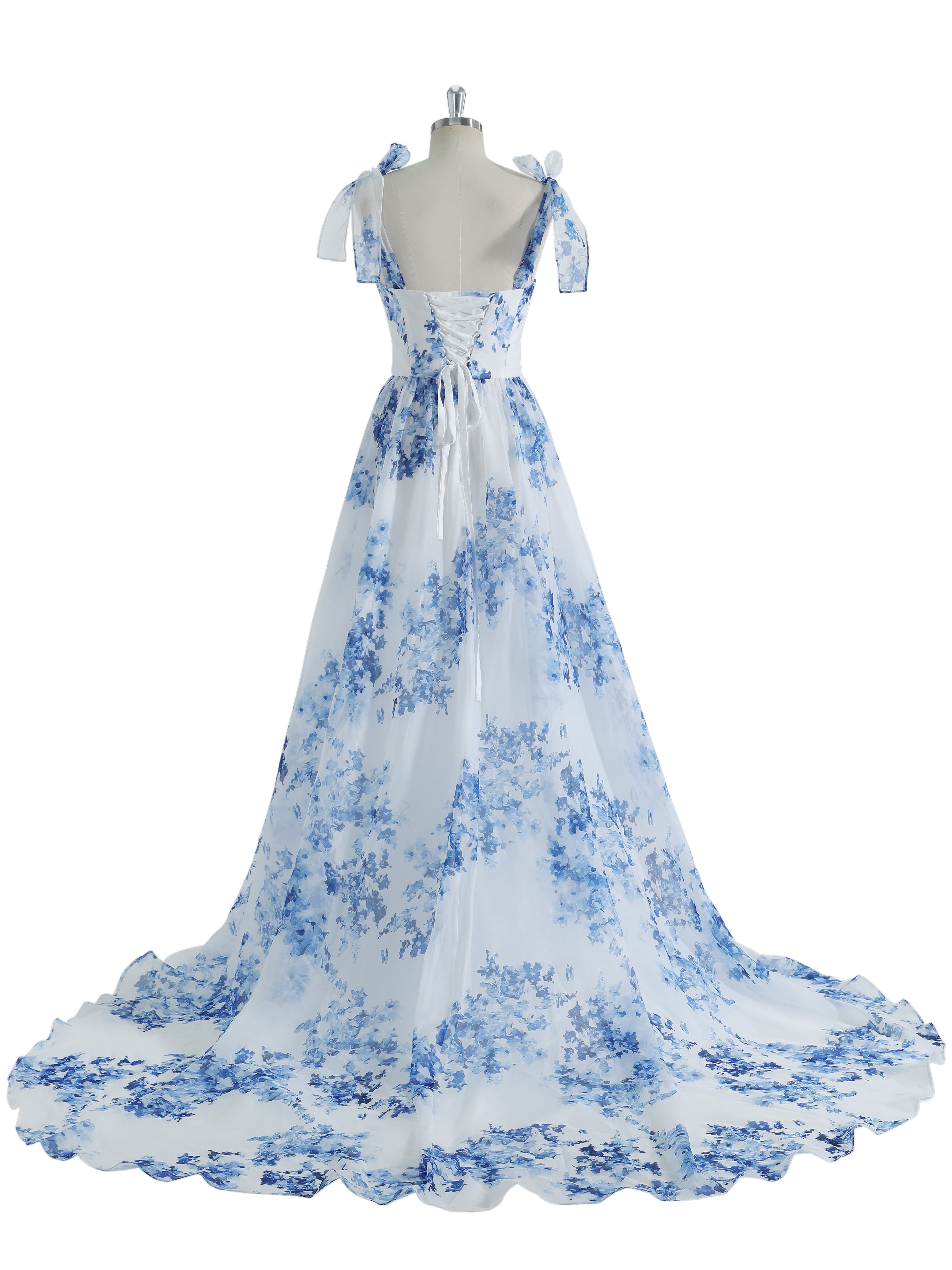 A-line Sweetheart SweepTrain Blue Printing Organza Prom Dresses #3050