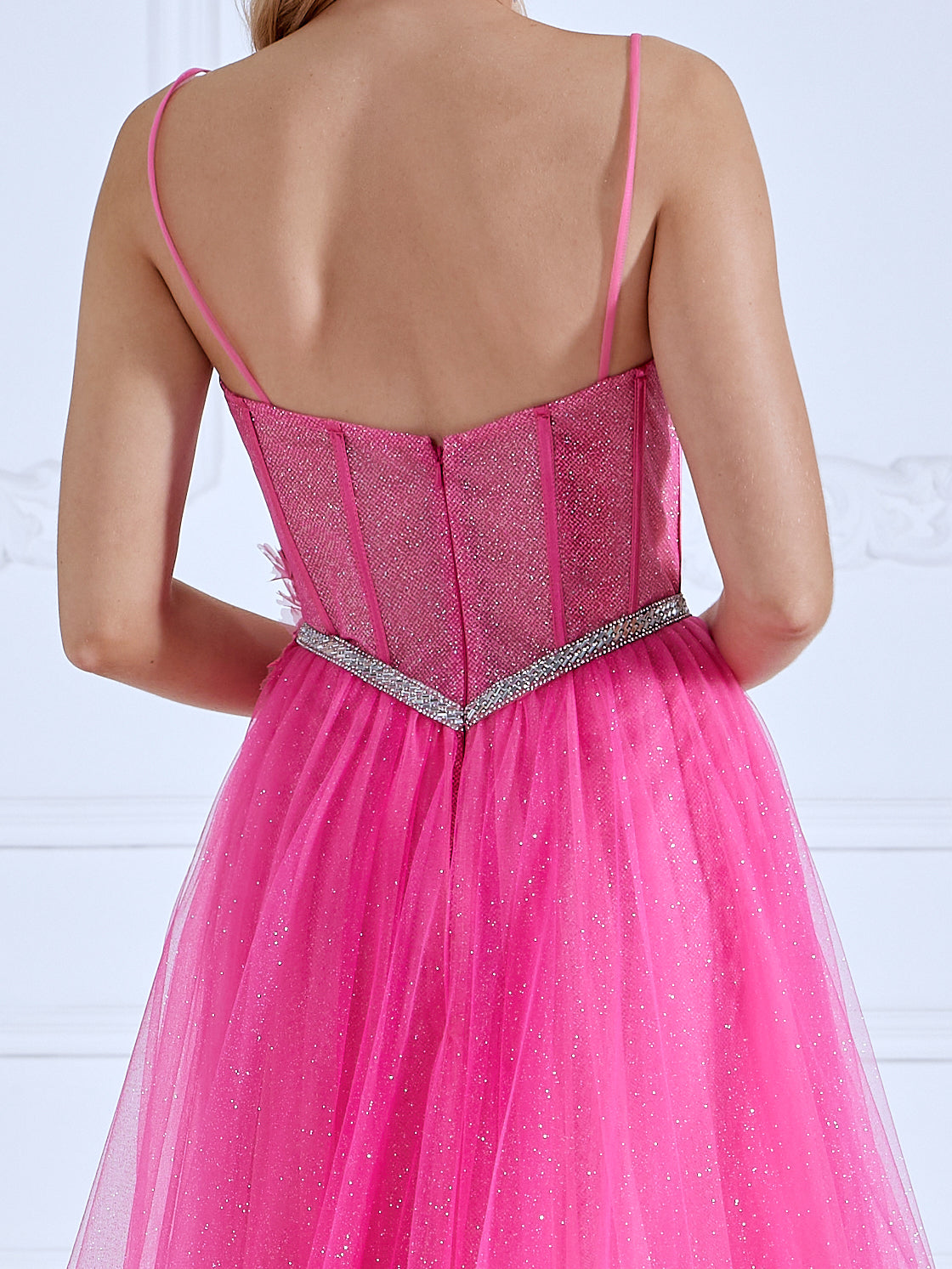 A-line Sweetheart Floor-Length Shinny Hot Pink Prom Dresses with Crystals Belt #17582