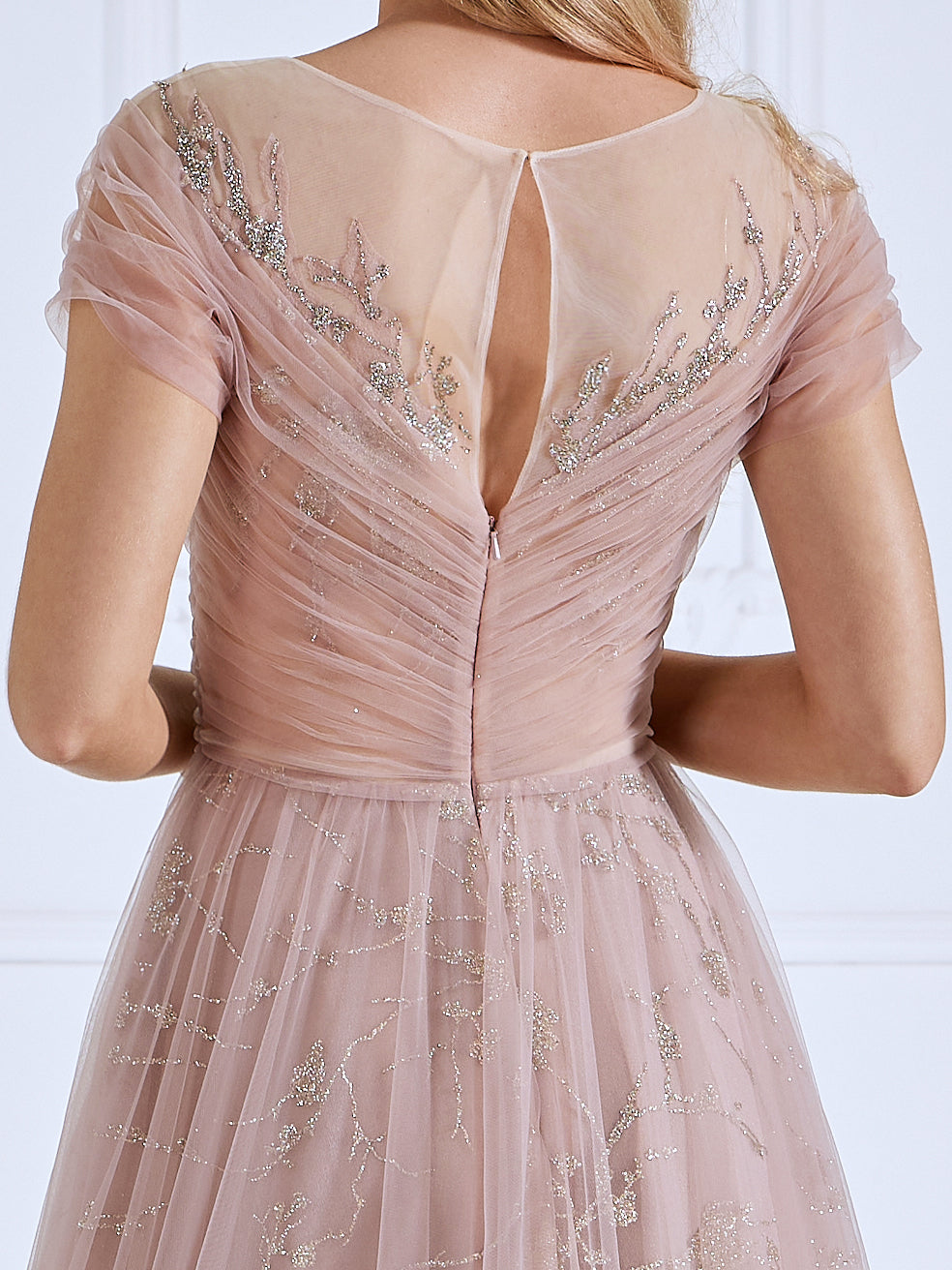 A Line illusion Round Neck Floor Length Tulle Prom Dresses With Glitter Pattern #16736