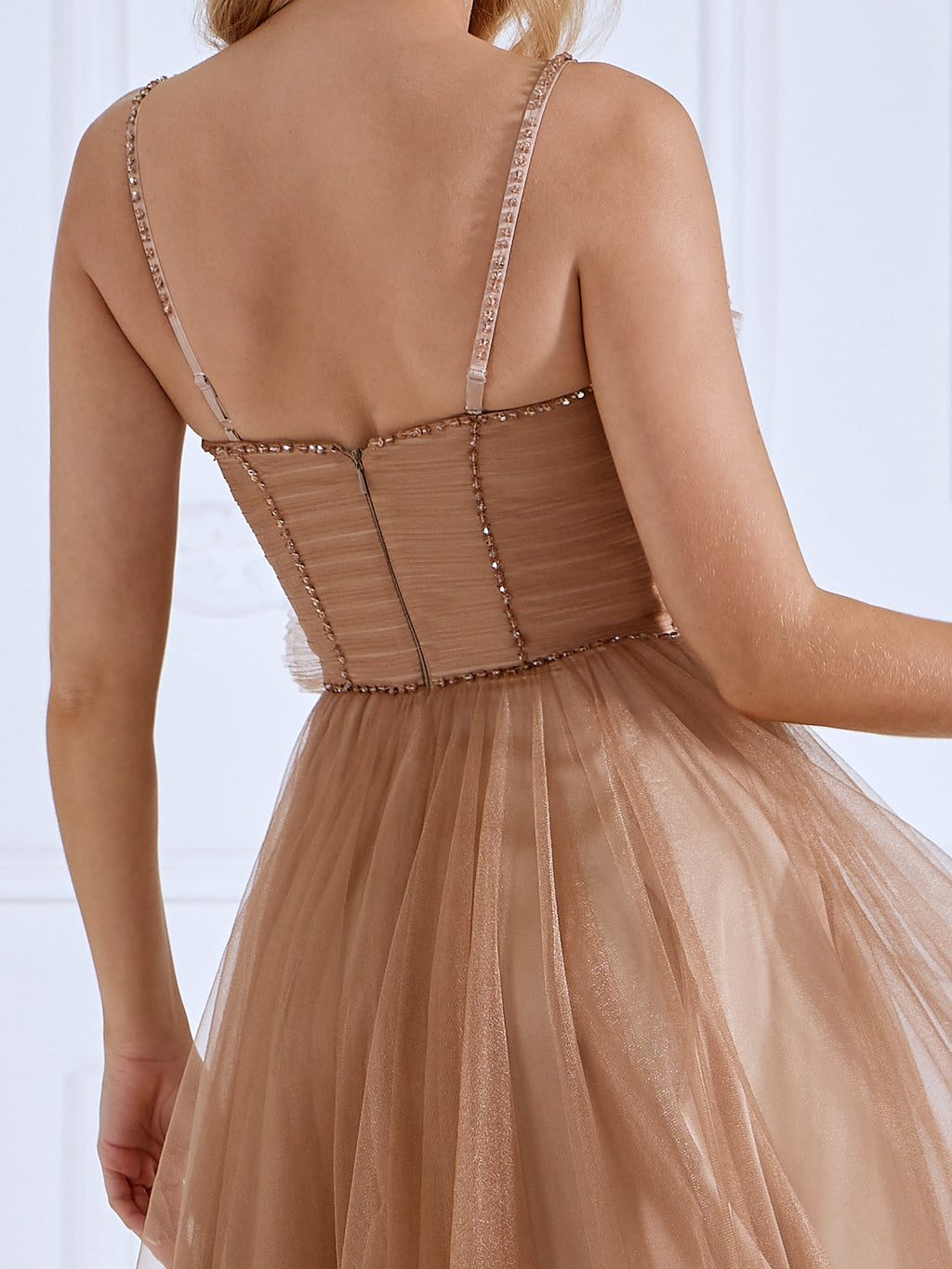 Spaghetti Strap Glitter Mesh Ankle Length Prom Ball Gown #0325