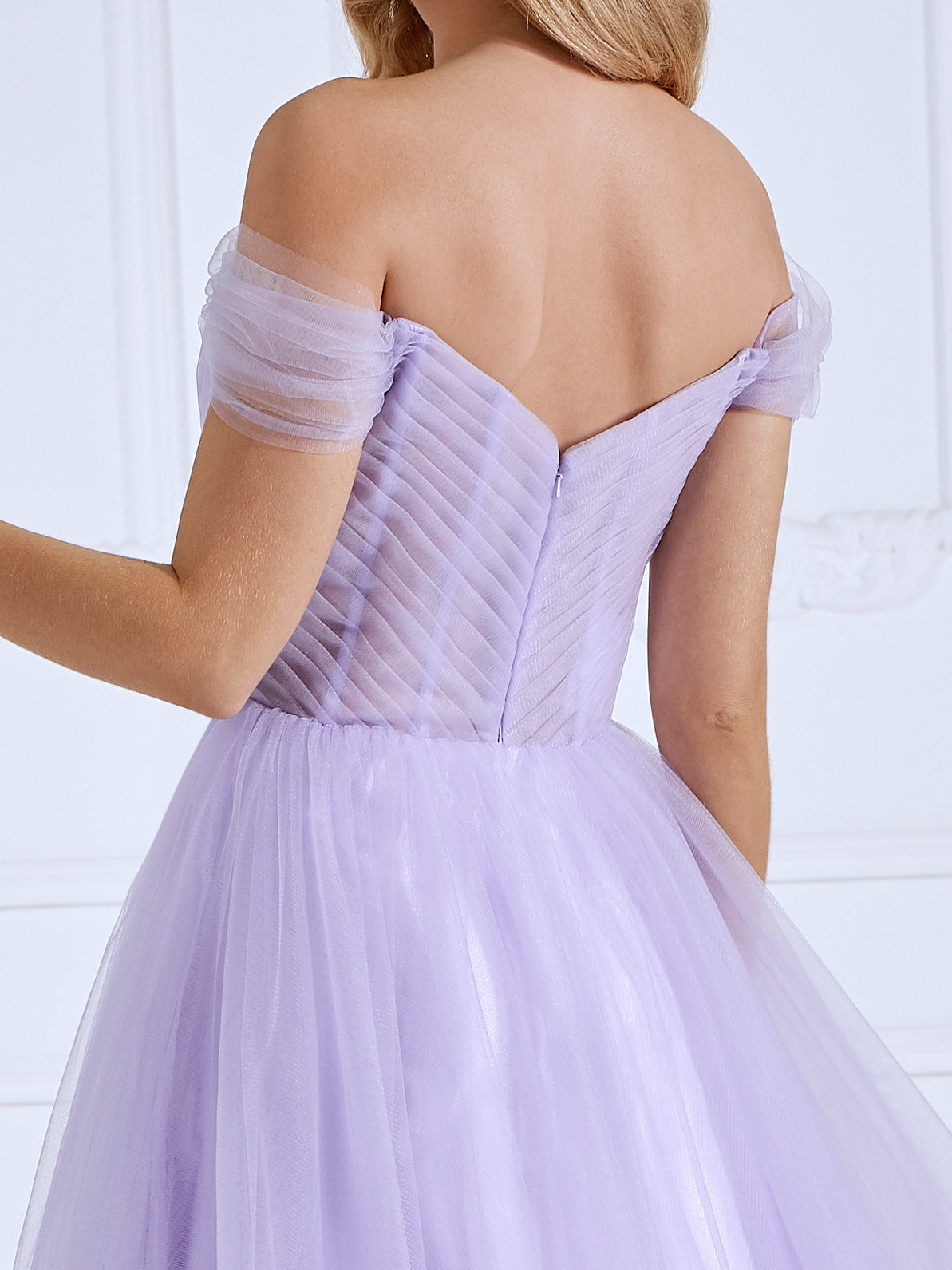A-line Off the Shoulder Tulle Prom Dresses Ankle Length #16805