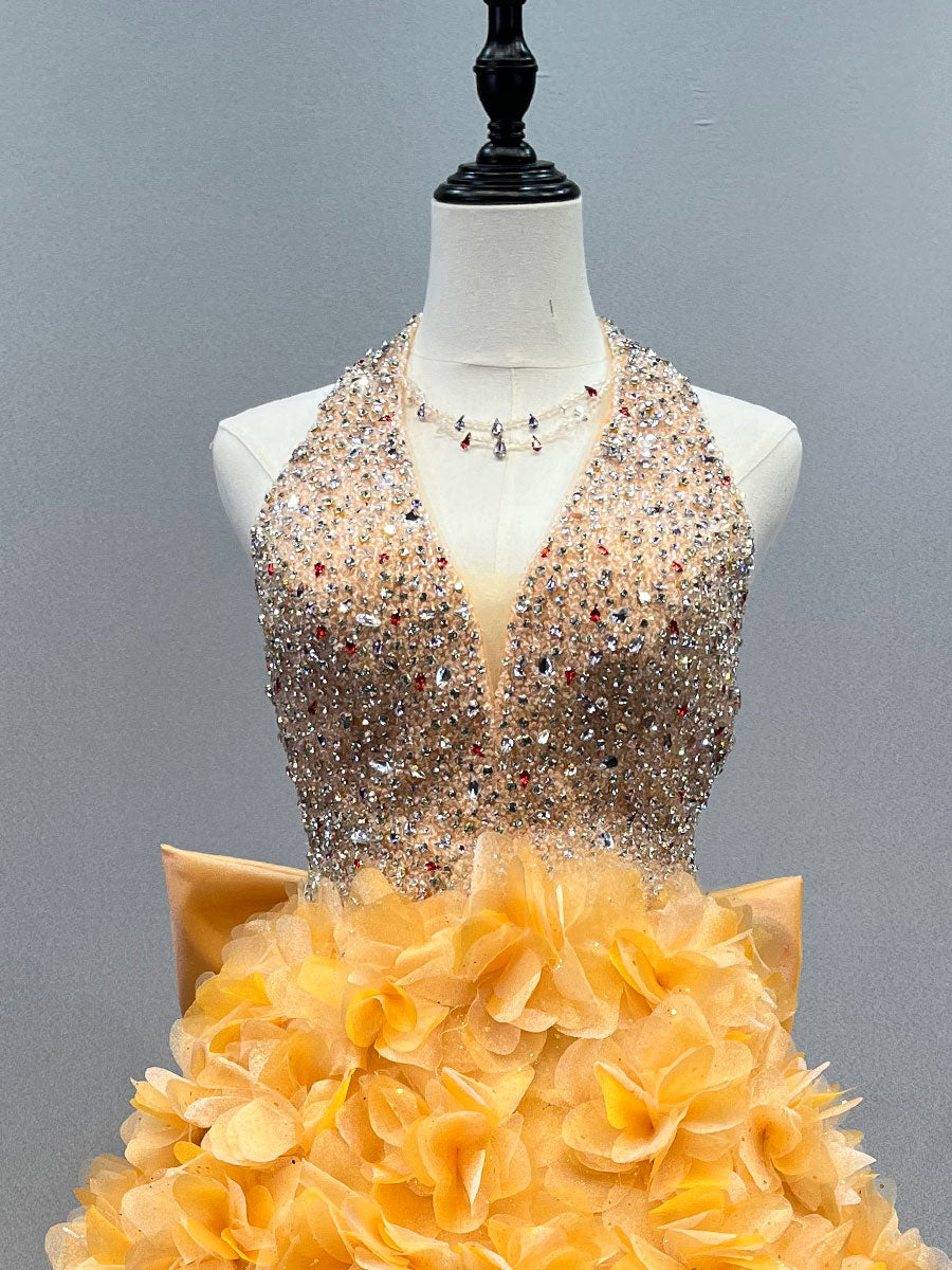 Gorgeous Halter Neck Hand-BeadsTop Floral Prom Gown YE3026