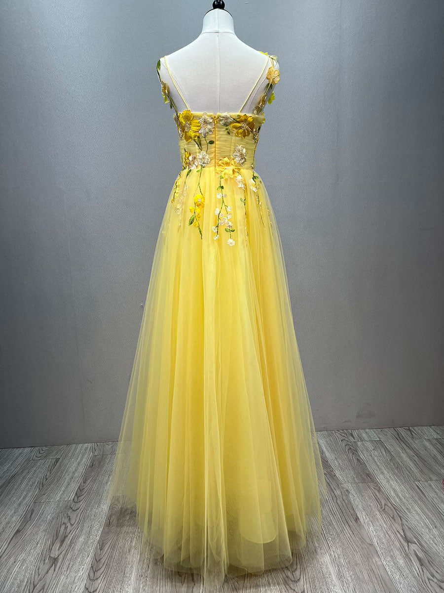 Yellow Prom Gown with Floral Lace Appliqué Fairy Girls Party Dresses YE3028