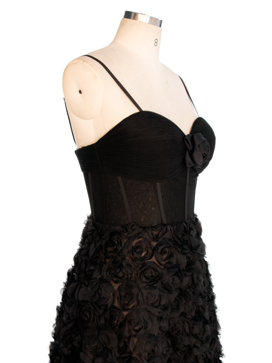 Black A-line Gown with Corset Bodice Mesh Rose Evening Formal Gown YW240043